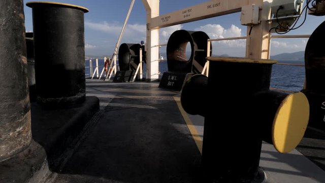 Bollards and hawse on aft mooring station of ship