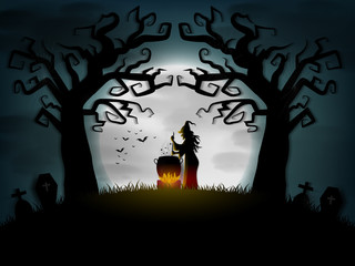 halloween day ,witches cook in large boiler in the forest grave and ghost scary and dark flying bats and moon