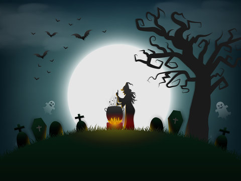 halloween day ,witches cook in large boiler in the forest grave and ghost scary and dark flying bats and moon