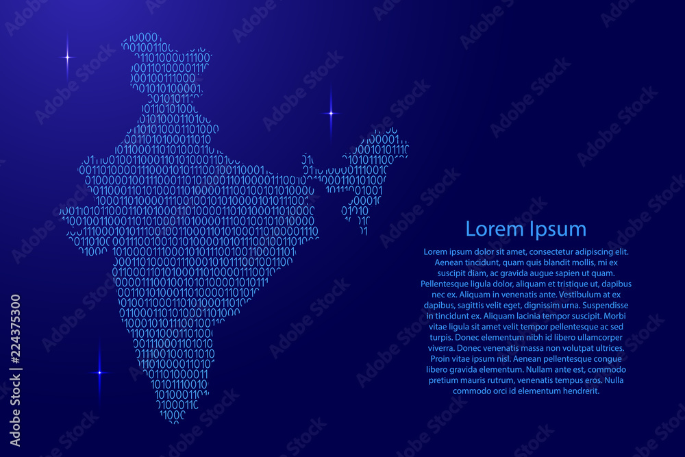 Fototapete india map abstract schematic from blue ones and zeros binary digital code with space stars for banne