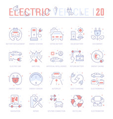 Set Blue Line Icons of Electric Vehicle.