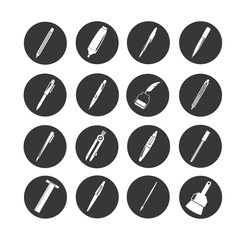 pen and writing tool icon set in circle buttons