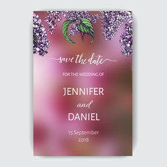 Vector hand drawn invitation for the wedding. Card with Lilac flowers.