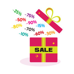 Sale. Shopping. Open gift box with colorful different discounts. Vector illustration