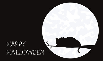 Silhouette of a cat lying on a tree branch in halloween on a full moon night.