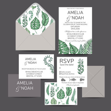 Template for wedding invitation. Illustration with exotic leaves.