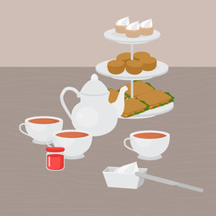 Afternoon Tea party, Tray with Home baked scones, sandwiches and supcakes. Strawberry jam and clotted cream. Devonshire cream tea.