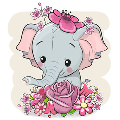 Cartoon Elephant with flowerson a white background