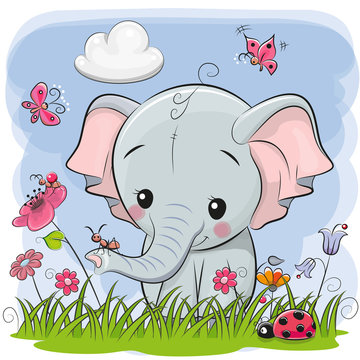 Cute Cartoon Elephant on a meadow