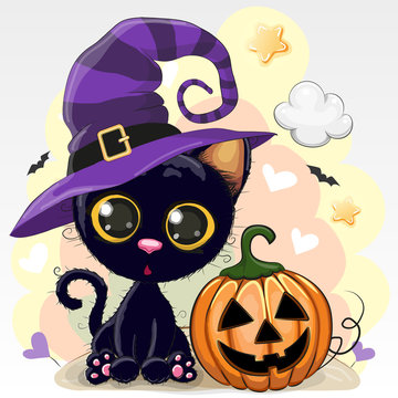 Halloween illustration of Cartoon cat with pumpkin