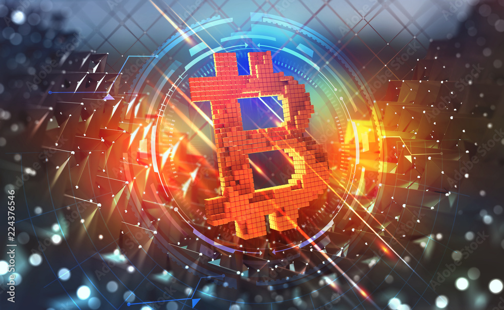 Aufkleber bitcoin symbol. concept of cryptocurrency mining. 3d illustration on a technological background