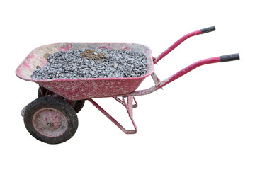 Wheelbarrow with gravel isolated on white background, industrial gardening tools equipment