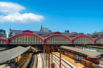 Main railway station of Copenhagen. View from above. Transport, infrastructure. Summer