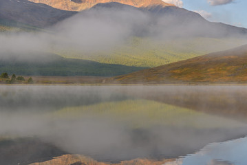 fog reflection mountains cloud lake