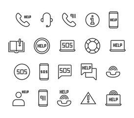 Set of Help Support SOS Vector Line Icons. Editable Stroke. 48x48 Pixel Perfect.