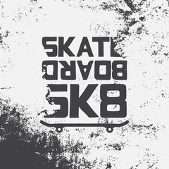 Sk8 skateboarding sport typographyy. T-shirt print, poster, banner, postcard, flyer. Grunge style. Elements for design.