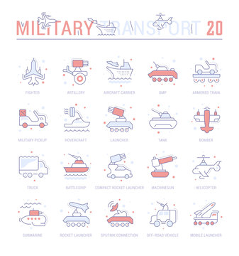 Set Blue Line Icons of Military Transport.