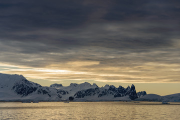 Landscape in Antarctica at sunset