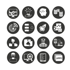 programming and network icon set in circle buttons