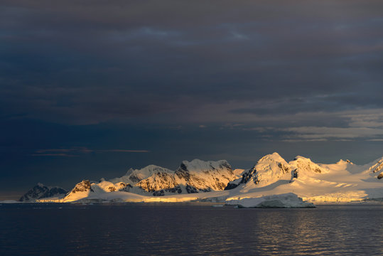 Landscape in Antarctica at sunset