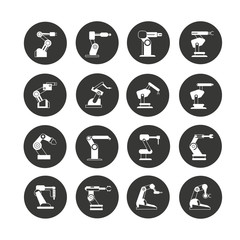 robotic arm in manufacturing process icon set in circle buttons