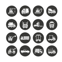 truck and construction equipment icon set in circle buttons