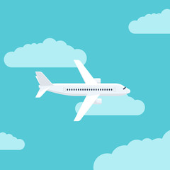 Flight of the plane in the sky. Passenger planes, airplane, aircraft, flight, clouds, sky, sunny weather. Color flat icons. Vector illustration