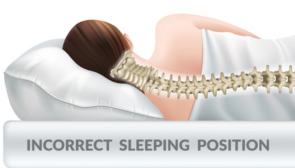 Incorrect posture for sleep on a regular pillow. Wrong position cervical vertebrae. Spinal curvature. 3d realistic vector illustration. - obrazy, fototapety, plakaty