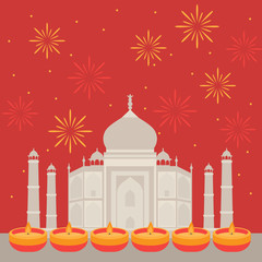 Hindu holiday greeting card with indian elements. Light festival of India Happy Diwali. Taj Mahal Temple Landmark in Agra with fireworks