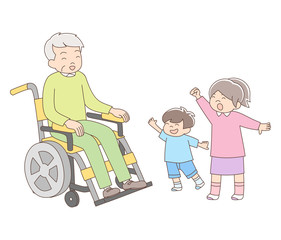 車椅子_祖父母と孫_全身_おじいちゃん