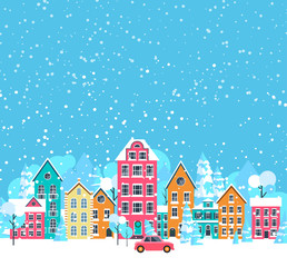Blue winter cityscape background with snow.