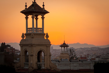 Barcelona, Spanish Architecture, landscape, mountain background, tower