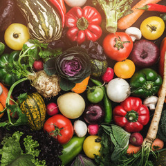 Concept of healthy food, composition with assorted fresh vegetables, top view