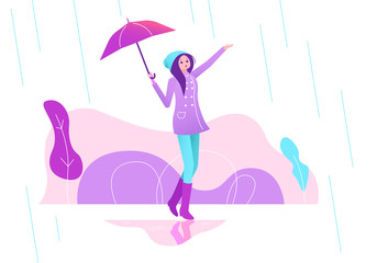 Girl with umbrella walks in the rain.