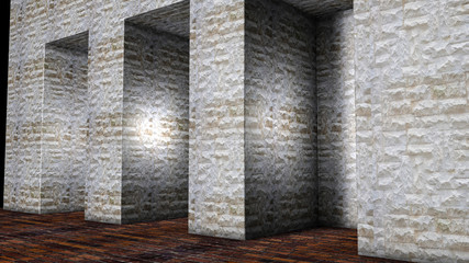 three stone niches in the wall. 3D rendering