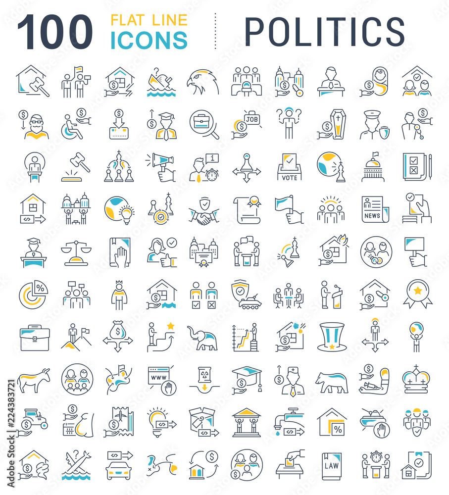 Sticker set vector line icons of politics.