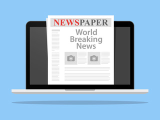 Newspaper on Laptop screen vector illustration, flat cartoon display with world news magazine on electronic device isolated