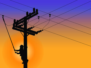 Silhouette power linesman climb the pole and using clamp stick grip all type (isolated tool) closing a circuit. It's a dangerous job. Must be trained.