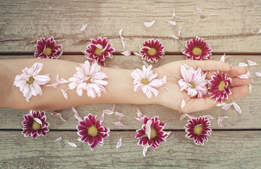 hands and flowers on a wooden background