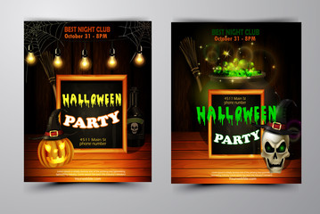 Halloween party invitation on wooden wall background