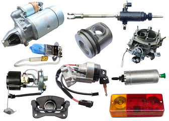 Auto spare parts car on the white background. Set with many isolated items for shop or aftermarket