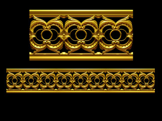 golden, ornamental segment, “twice", straight version for frieze, frame or border. 3d illustration, separated on black