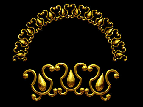 golden ornamental segment, "drop", fourty-five degree angle, for corner or circle, 3d Illustration, combineable with the ninety degree or straightversion