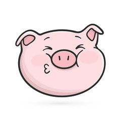 Kissing emoticon icon. Squinted emoji pig is sending a kiss