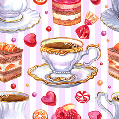 Seamless watercolor pattern from ancient cups, cakes and sweets on a striped background.