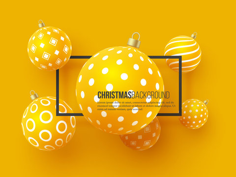 Christmas yellow baubles with geometric pattern. 3d realistic style with black frame, abstract holiday background. Vector illustration.