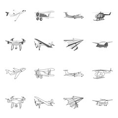 Vector illustration of plane and transport logo. Set of plane and sky stock symbol for web.
