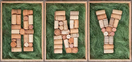 Word HNY made of wine corks on green background in wooden box Seamless  Banner
