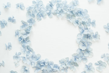 Round frame of hydrangea flower petals. Flat lay, top view floral mock up.