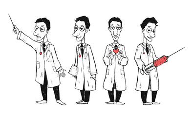 Doctor character in a variation poses on a white background. Doctor with stethoscope and syringe. Drawn illustration. Comics style.